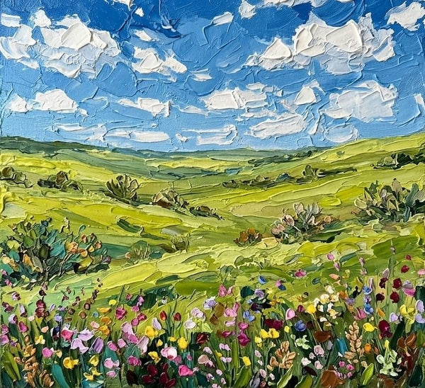 Hand Painted Canvas Art, Green Prairie Beneath the Clouds, Original Oil Painting for Sale, Heavy Texture Paintings, Original Landscape Paintings