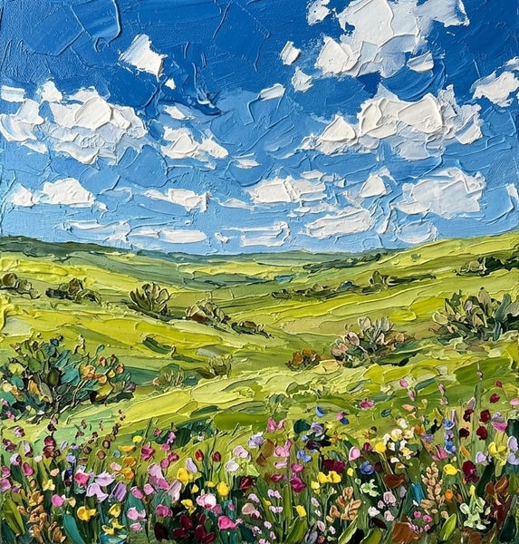 Hand Painted Canvas Art, Green Prairie Beneath the Clouds, Original Oil Painting for Sale, Heavy Texture Paintings, Original Landscape Paintings