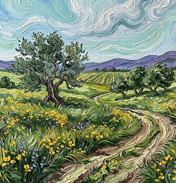 Hand Painted Canvas Art, Wind Sweeping Clouds Over the Green Plain, Original Oil Painting for Sale, Heavy Texture Paintings