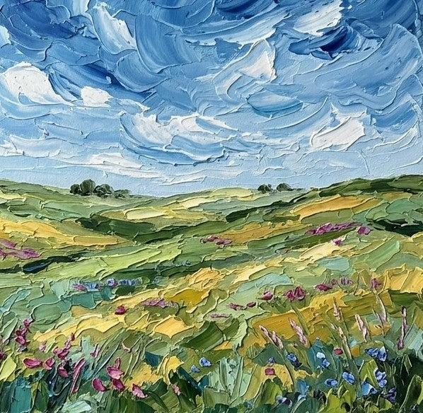 Hand Painted Canvas Art, Wind Sweeping Flower Hills, Original Oil Painting for Sale, Heavy Texture Paintings