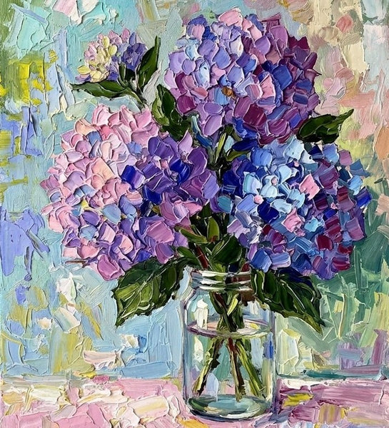 Original Flower Paintings, Blue and Purple Hydrangea Flowers in Glass Vase, Small Canvas Artwork, Impasto Canvas Artwork, Original Oil Paintings