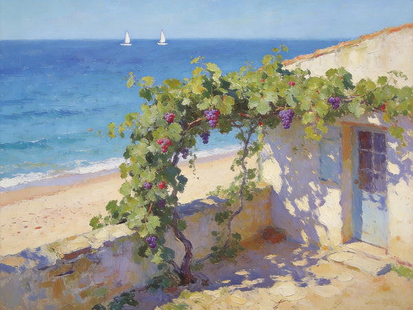 Original Landscape Paintings, Summer Glow on the Vine-Covered Terrace, Hand Painted Canvas Art, Seashore Beach Painting, Small Canvas Wall Art Paintings