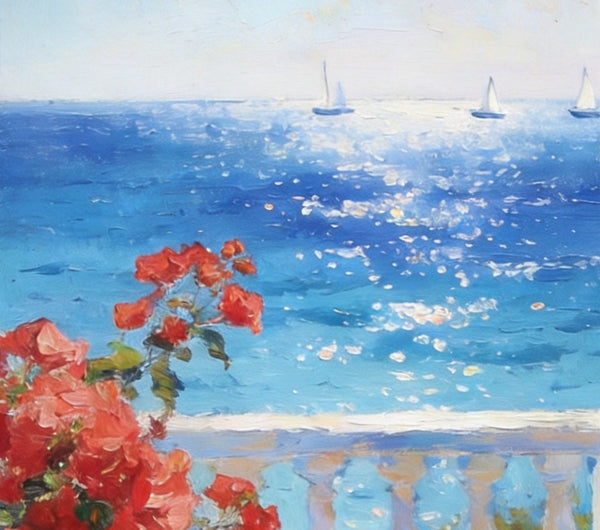 Tranquil Noon at the Coastal Bougainvillea Nook, Hand Painted Canvas Art, Original Landscape Paintings, Small Canvas Wall Art Paintings