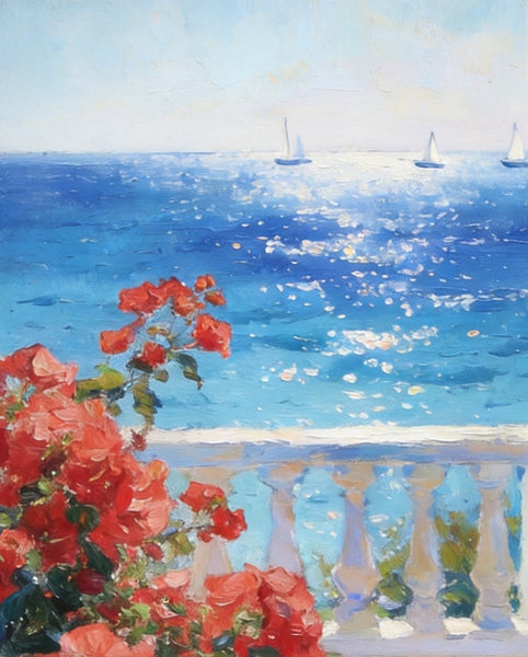 Tranquil Noon at the Coastal Bougainvillea Nook, Hand Painted Canvas Art, Original Landscape Paintings, Small Canvas Wall Art Paintings