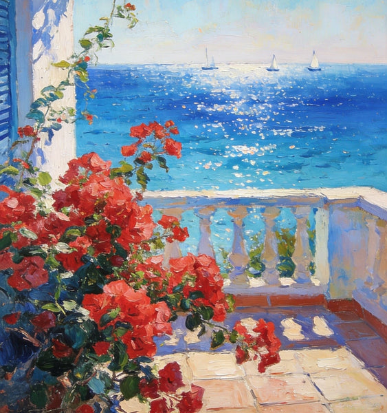 Summer Glow on the Flowered Balcony, Small Canvas Wall Art Paintings, Original Oil Paintings, Hand Painted Canvas Art