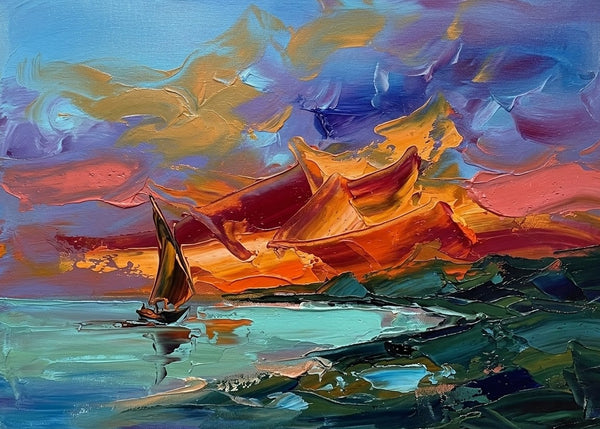 Original Canvas Paintings, Abstract Sail Boat at Sea Painting, Heavy Texture Artwork, Impasto Paintings, Impasto Canvas Art