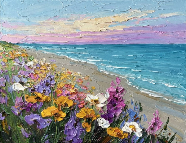 Flower Tide by the Shore, Original Oil Paintings, Small Canvas Artwork for Sale, Original Seascape Paintings