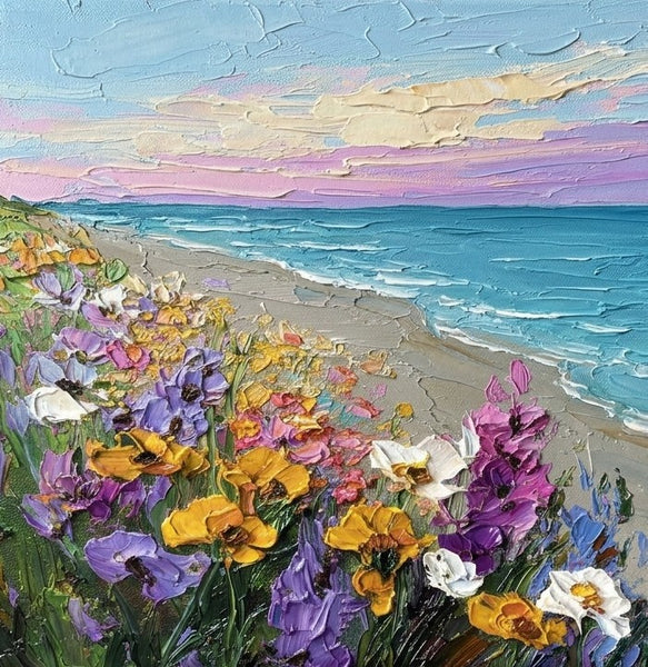Heavy Texture Paintings on Canvas, Blooms Under Sunny Sea Sky, Impasto Painting, Original Seashore Paintings