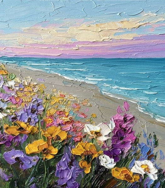 Flower Tide by the Shore, Original Oil Paintings, Small Canvas Artwork for Sale, Original Seascape Paintings