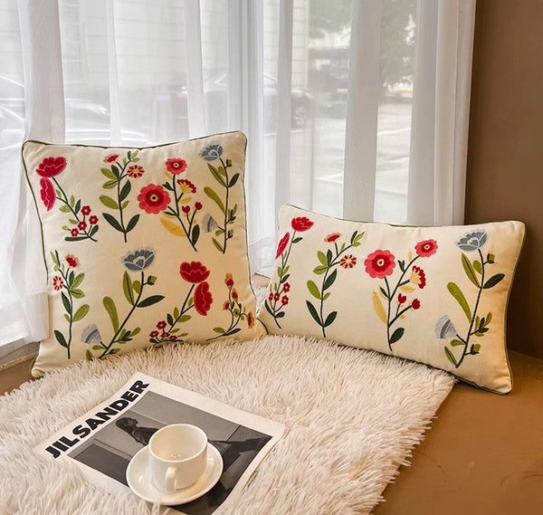 Throw Pillows for Couch, Spring Flower Decorative Throw Pillows, Farmhouse Sofa Decorative Pillows, Embroider Flower Cotton Pillow Covers-Paintingforhome