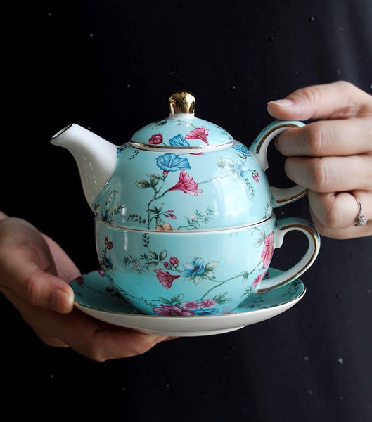Stackable Teapot and Cup Set, Ceramic Tea Pot with Integrated Cup, Porcelain Teapot with Matching Cup and Saucer in Gift Box, Mother and Baby Teapot with Matching Saucer-Paintingforhome