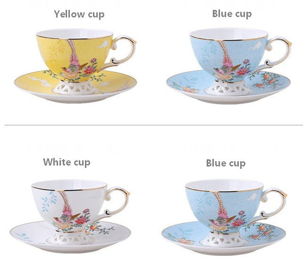 Elegant Oriental Pheasant Ceramic Cups, Beautiful Bird Pattern Tea Cups, 8 oz Porcelain Tea Cup Saucer Set of 2 Cups, Unique Tea Cup and Saucer in Gift Box-Paintingforhome