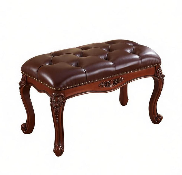 Dark Brown Leather Stool, Genuine Leather Solid Wood Entry Bench, Vintage Dressing Table Stool, Rubber Wood Footstool, Farmhouse Entryway Bench, Leather Lounge Chair Modern-Paintingforhome