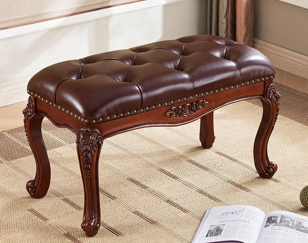 Vintage Dressing Table Stool, Rubber Wood Footstool, Brown Leather Stool, Genuine Leather Solid Wood Entry Bench, Farmhouse Entryway Bench, Leather Lounge Chair-Paintingforhome