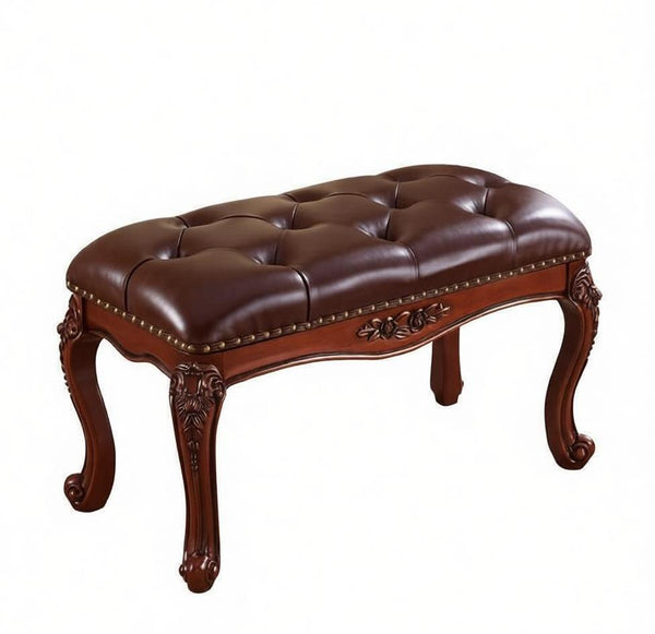 Vintage Dressing Table Stool, Rubber Wood Footstool, Brown Leather Stool, Genuine Leather Solid Wood Entry Bench, Farmhouse Entryway Bench, Leather Lounge Chair-Paintingforhome