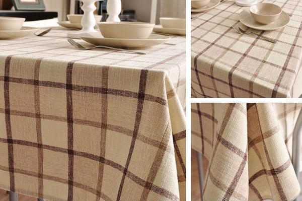 Rustic Wedding Tablecloth, Checked Tablecloth for Home Decoration, Table Cover, Beige Color Checkerboard Linen Tablecloth-Paintingforhome