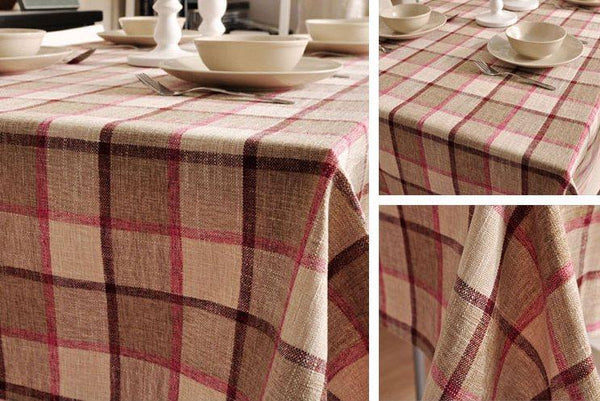 Khaki Checked Linen Tablecloth, Rustic Home Decor , Checkerboard Tablecloth, Table Cover-Paintingforhome