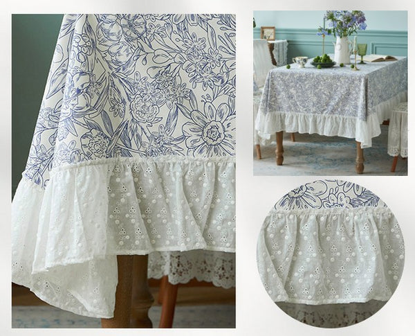 Cotton Rectangle Tablecloth for Dining Room Table, Natural Spring Farmhouse Table Cloth, Blue Flower Pattern Cotton Tablecloth, Square Tablecloth for Round Table-Paintingforhome