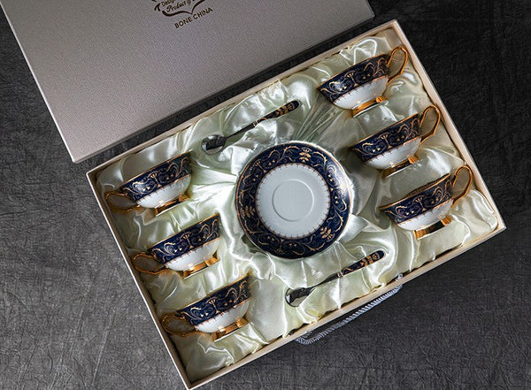Unique Blue Tea Cup and Saucer in Gift Box, Blue Bone China Porcelain Tea Cup Set, Royal Ceramic Cups, Elegant Ceramic Coffee Cups-Paintingforhome