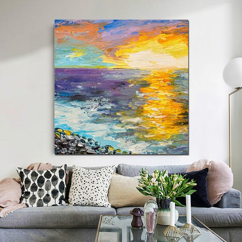 Seascape Sunrise Painting, Abstract Landscape Painting, Landscape Paintings for Living Room, Heavy Texture Wall Art Painting, Bedroom Wall Art Ideas-Paintingforhome