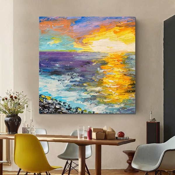 Seascape Sunrise Painting, Abstract Landscape Painting, Landscape Paintings for Living Room, Heavy Texture Wall Art Painting, Bedroom Wall Art Ideas-Paintingforhome