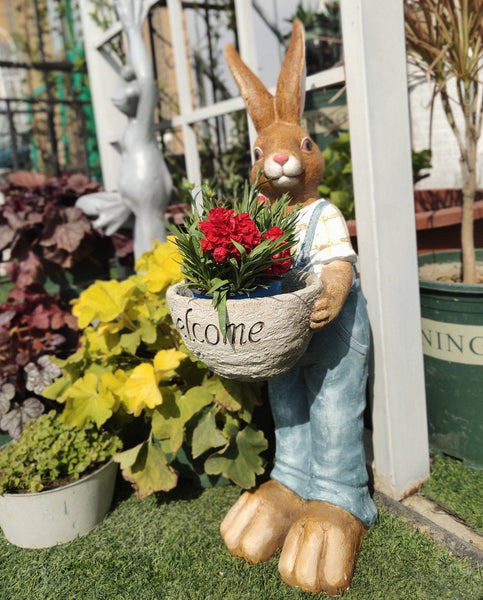 Large Rabbit Lovers Statue for Garden, Bunny Flowerpot, Garden Courtyard Ornament, Villa Outdoor Decor Gardening Ideas-Paintingforhome