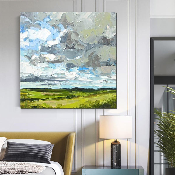 Abstract Landscape Painting, Grass Land under Sky Painting, Large Acrylic Paintings for Bedroom, Heavy Texture Canvas Art, Landscape Paintings for Living Room-Paintingforhome