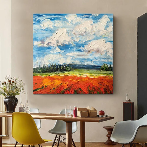 Red Poppy Field and Sky, Abstract Landscape Painting, Landscape Paintings for Living Room, Large Landscape Painting for Dining Room, Heavy Texture Painting-Paintingforhome