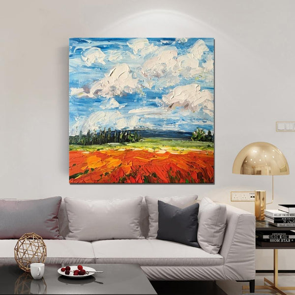 Red Poppy Field and Sky, Abstract Landscape Painting, Landscape Paintings for Living Room, Large Landscape Painting for Dining Room, Heavy Texture Painting-Paintingforhome
