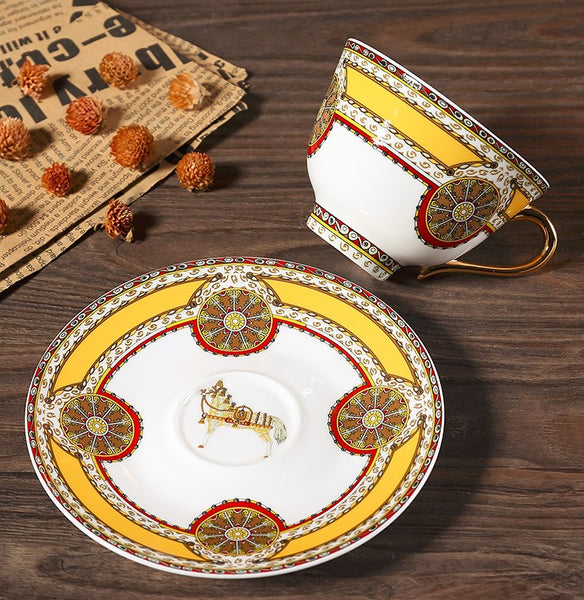 Handmade Beautiful British Tea Cups, Creative Bone China Porcelain Tea Cup Set, Yellow Royal Ceramic Coffee Cups, Unique Tea Cups and Saucers-Paintingforhome