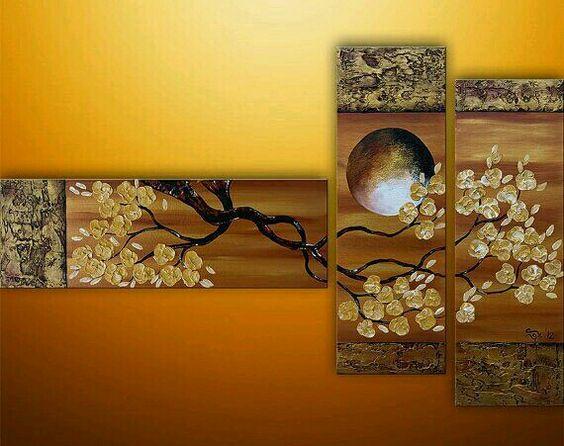 Flower and Moon Painting, Bedroom Wall Art, Abstract Painting, Acrylic Art, 3 Piece Wall Art-Paintingforhome