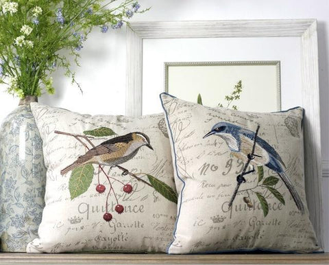Rustic Sofa Throw Pillows, Decorative Throw Pillows for Couch, Bird Embroidery Pillows, Cotton and Linen Pillow Cover-Paintingforhome