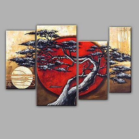 4 Piece Canvas Paintings, Tree Paintings, Moon and Tree Painting, Buy Art Online, Large Painting for Sale, Living Room Acrylic Paintings-Paintingforhome