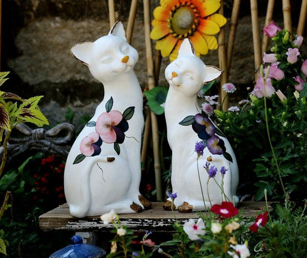 Lovely Cat Statues, Sitting Cats Resin Statue for Garden Ornament, Villa Outdoor Decor Gardening Ideas, Garden Courtyard Decoration, House Warming Gift-Paintingforhome