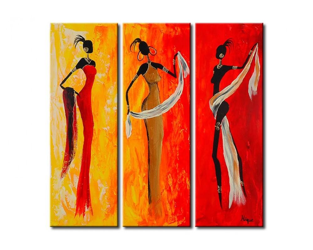 African Girls 3 Piece Wall Painting, African Woman Acrylic Artwork, Cultural Home Decor Painting