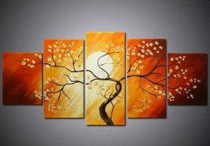 Flower Tree under Moon Painting, 5 Piece Canvas Art, Abstract Painting, Bedroom Canvas Painting-Paintingforhome