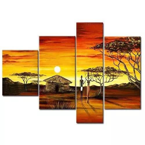 African Pinting, 4 Piece Canvas Art, Acrylic Painting for Sale, Large Landscape Painting, African Woman Village Sunset Painting-Paintingforhome