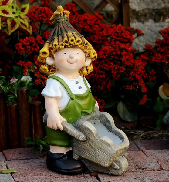 Large Boy Cart and Girl Carry Basket Statues, Flower Pot, Garden Courtyard Ornament, Gardening Ideas, House Warming Gift-Paintingforhome