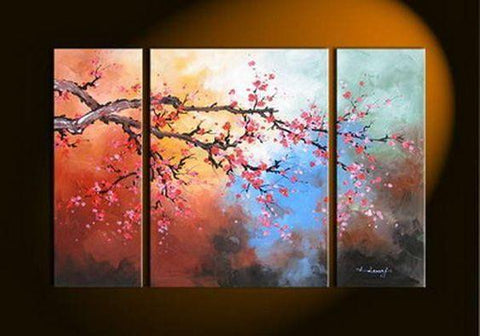 Plum Tree Flower Painting, Bedroom Wall Art Paintings, Living Room Wall Art Ideas, 3 Piece Canvas Art, Flower Acrylic Paintings-Paintingforhome