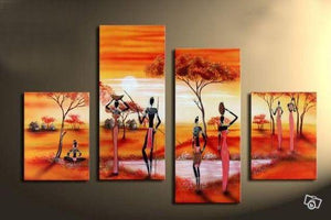 African Woman Painting, 4 Piece Canvas Art, Landscape Canvas Paintings, Hand Painted Canvas Art, Oil Painting for Sale-Paintingforhome