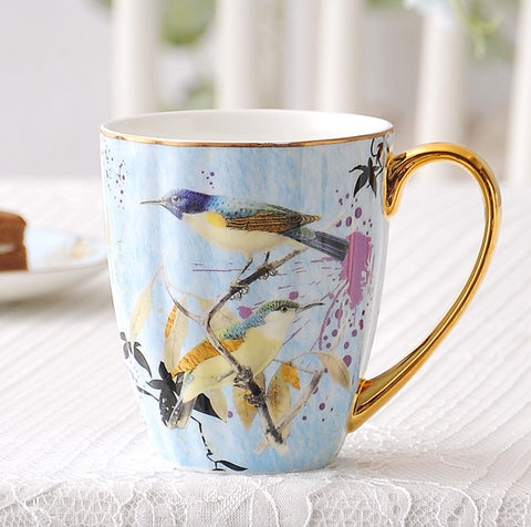 Large Creative Bone China Porcelain Mug, Elegant Blue Ceramic Coffee Mug, Beautiful Bird Flower Ceramic Mug, Large Capacity Ceramic Mugs for Office-Paintingforhome