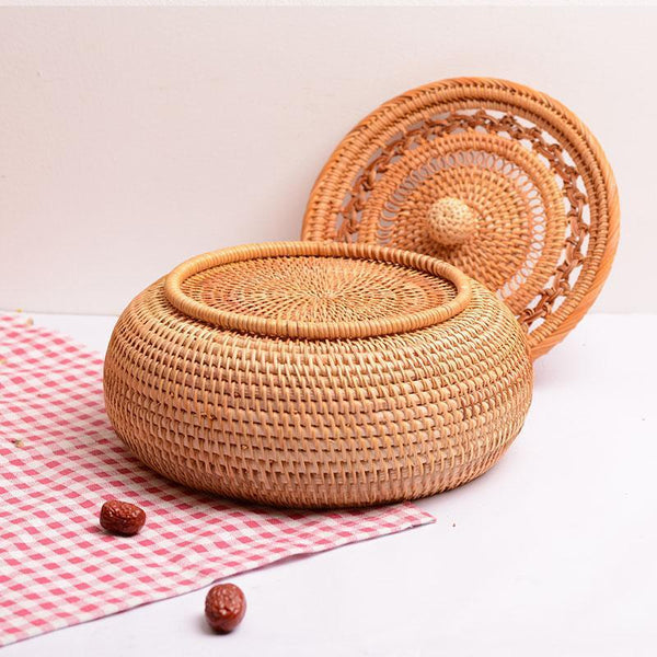 Woven Storage Basket with Lid, Rattan Round Storage Basket, Storage Basket for Kitchen, Picnic Storage Basket-Paintingforhome