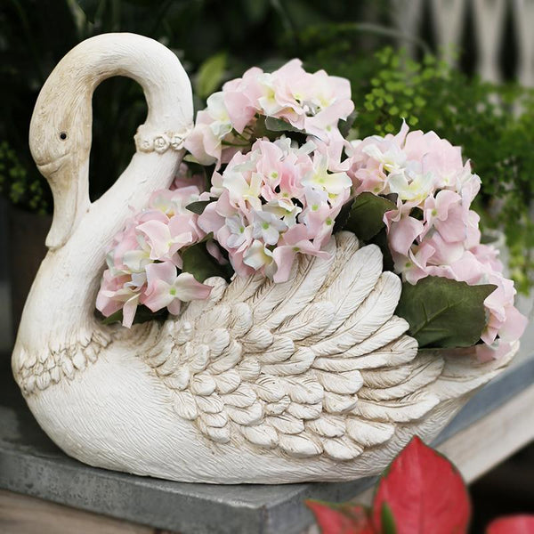 White Swan Flower Pot, Small Animal Statue for Garden Ornament, Swan Lovers Statues, Villa Courtyard Decor, Outdoor Decoration Ideas, Garden Ideas-Paintingforhome