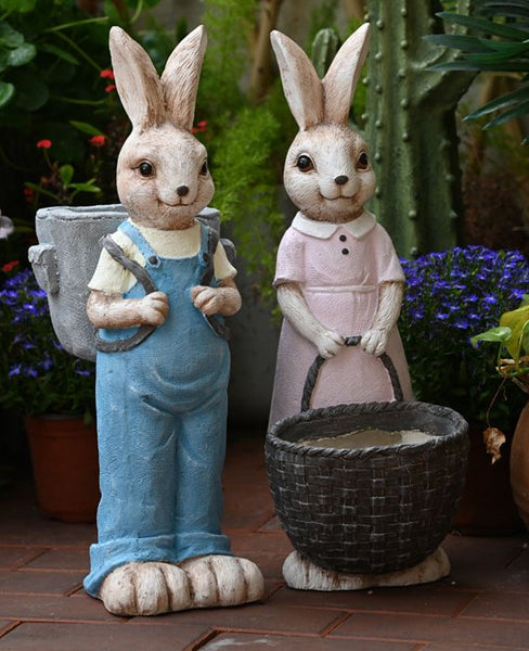 Large Rabbit Lovers Statue for Garden, Bunny Flowerpot, Garden Courtyard Ornament, Villa Outdoor Decor Gardening Ideas, Modern Garden Sculptures-Paintingforhome