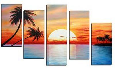 5 Piece Canvas Painting, Beach Palm Tree Sunset Painting, Landscape Canvas Painting, Acrylic Painting for Living Room-Paintingforhome