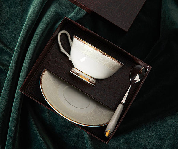 Bone China Porcelain Coffee Cup Set, White Ceramic Cups, Elegant British Ceramic Coffee Cups, Unique Tea Cup and Saucer in Gift Box-Paintingforhome