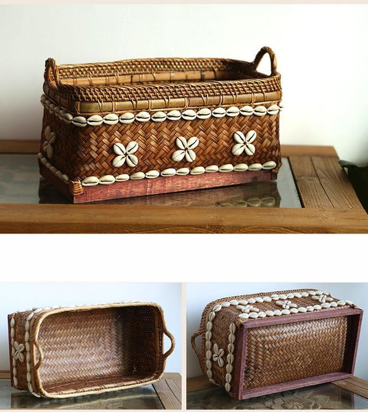 Indonesia Hand Woven Storage Basket, Natural Bamboo and Sea Shell Baskets-Paintingforhome