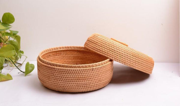 Woven Storage Basket with Lid, Lovely Rattan Basket for Kitchen, Storage Basket for Dining Room, Woven Round Baskets-Paintingforhome