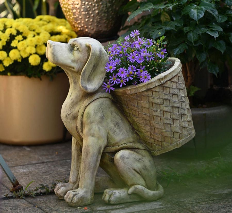 Large Dog Flowerpot, Resin Statue for Garden, Modern Dog Animal Statue for Garden Ornaments, Villa Outdoor Decor Gardening Ideas-Paintingforhome
