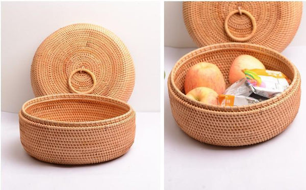 Rattan Basket, Storage Basket with Lid, Woven Basket for Kitchen, Storage Basket for Dining Room, Round Storage Basket-Paintingforhome